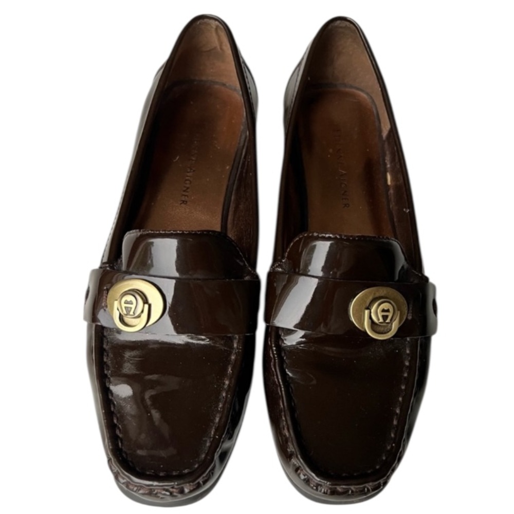 Etienne Aigner Chocolate Brown Patent Leather Loafers Dark Academia Goth 6M